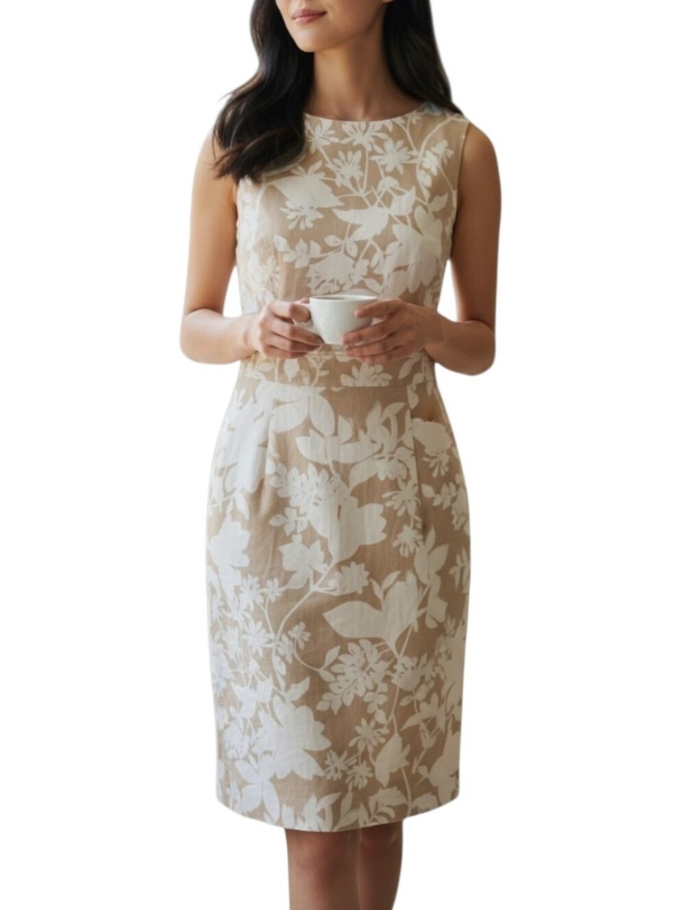 Anne Klein Sleeveless Cotton Beige & White Floral Stretch Sheath Dress Size 6